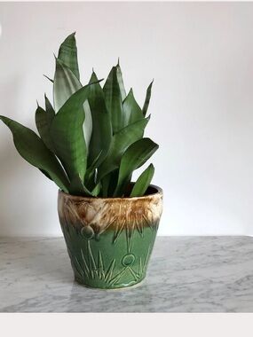 Ransbottom Co Sun & Moon Green/brown Drip Planter 9” RARE 1940s Roseville